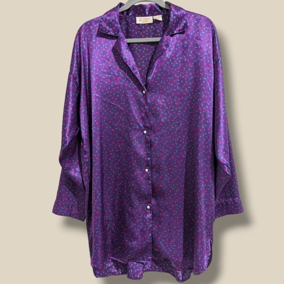 Victoria's Secret Vintage Purple Geometric Pearl Button Satin Nightgown 80s - Picture 2 of 12